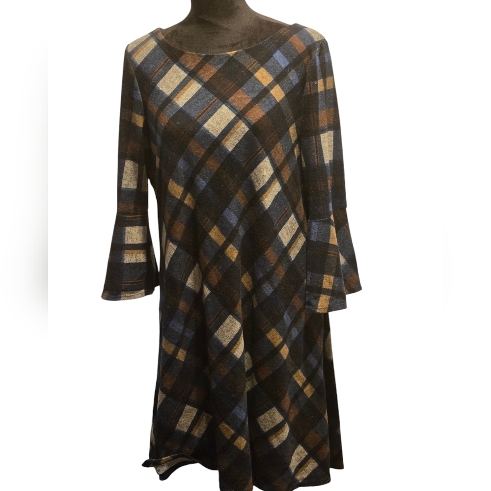 J H JESSICA HOWARD BROWN & BLUE PLAID ALINE SKIRT BELL SLEEVES xl